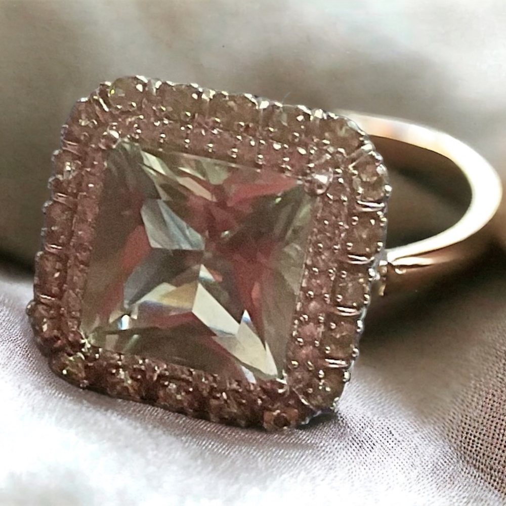 AFFINITY GEMS & PRASIOLITE Square Cut Gemstone & DIAMOND Ring in Size 4